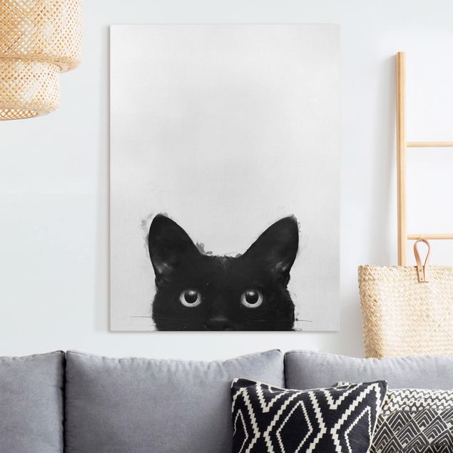 Leinwandbild - Illustration Schwarze Katze auf Weiß Malerei - Hochformat 4:3