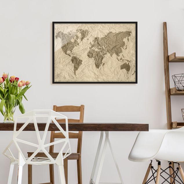 Wandbilder mit Rahmen Papier Weltkarte Beige Braun