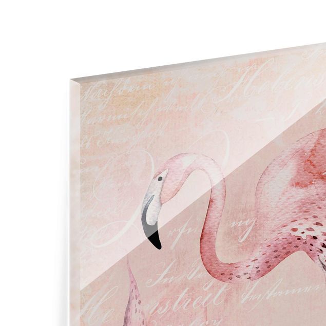 Glasbild - Shabby Chic Collage - Flamingo - Quadrat 1:1
