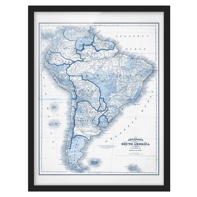 Bild mit Rahmen - Karte in Blautönen - Südamerika - Hochformat 4:3