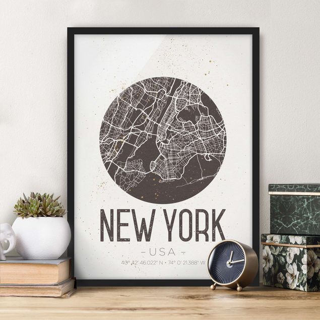Schwarz-Weiß Bilder mit Rahmen Stadtplan New York - Retro