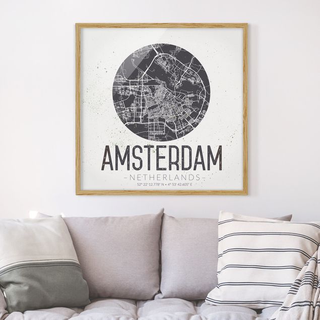 Gerahmte Bilder mit Sprüchen Stadtplan Amsterdam - Retro
