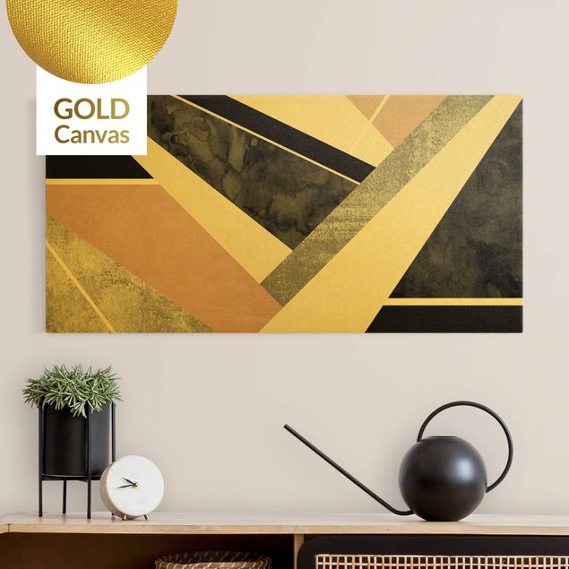 Leinwandbild Gold - Goldene Geometrie - Rosa Schwarz - Querformat 2:1