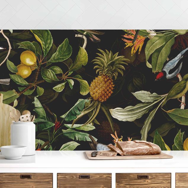 Küchenrückwand Gräser Vögel mit Ananas Grün II