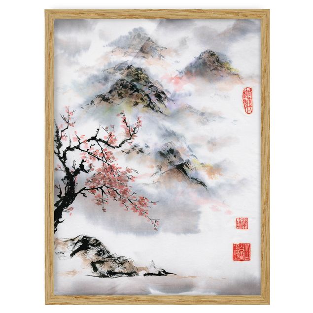 Kunstdrucke mit Rahmen Japanische Aquarell Zeichnung Kirschbaum und Berge