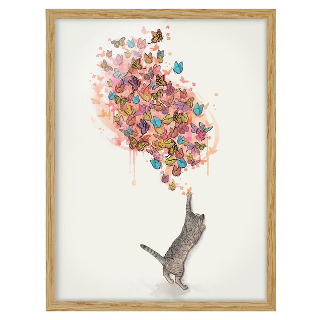 Bilder mit Rahmen Illustration Katze mit bunten Schmetterlingen Malerei