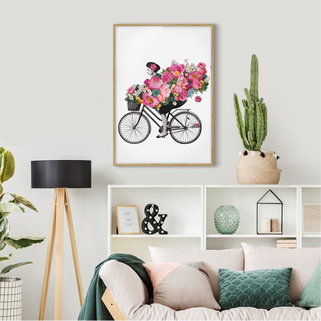 Gerahmte Kunstdrucke Illustration Frau auf Fahrrad Collage bunte Blumen