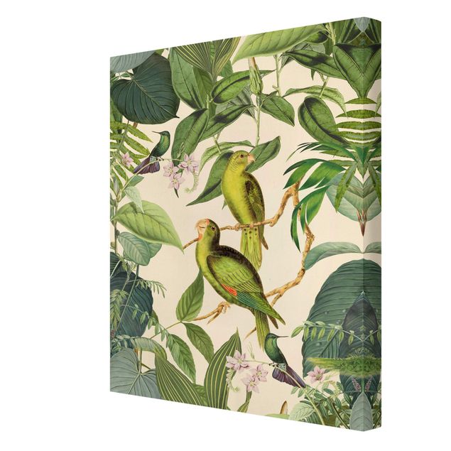 Tierbilder auf Leinwand Vintage Collage - Papageien im Dschungel