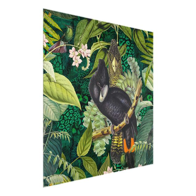Natur Glasbilder Bunte Collage - Kakadus im Dschungel