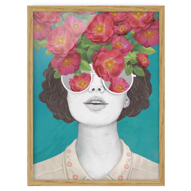 Bild mit Rahmen - Illustration Portrait Frau Collage mit Blumen Brille - Hochformat 4:3
