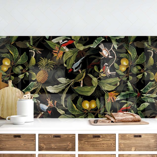Küchenrückwand Gräser Vögel mit Ananas Grün I