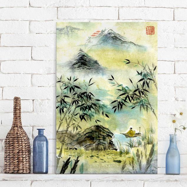Wandbilder Glas XXL Japanische Aquarell Zeichnung Bambuswald