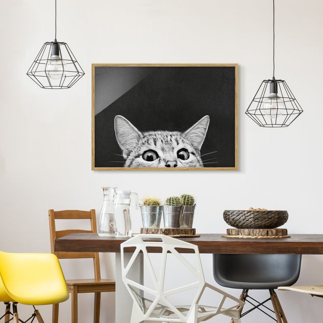Bilder mit Rahmen Schwarz-Weiß Illustration Katze Schwarz Weiß Zeichnung