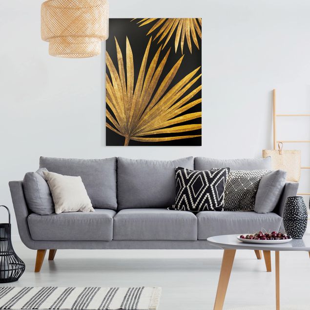 Moderne Leinwandbilder Wohnzimmer Gold - Palmenblatt auf Schwarz