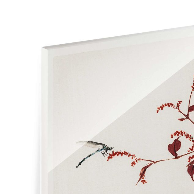 Glasbild - Asiatische Vintage Zeichnung Roter Zweig mit Libelle - Querformat 3:4