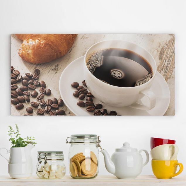 Leinwand Bilder XXL Dampfende Kaffeetasse mit Kaffeebohnen