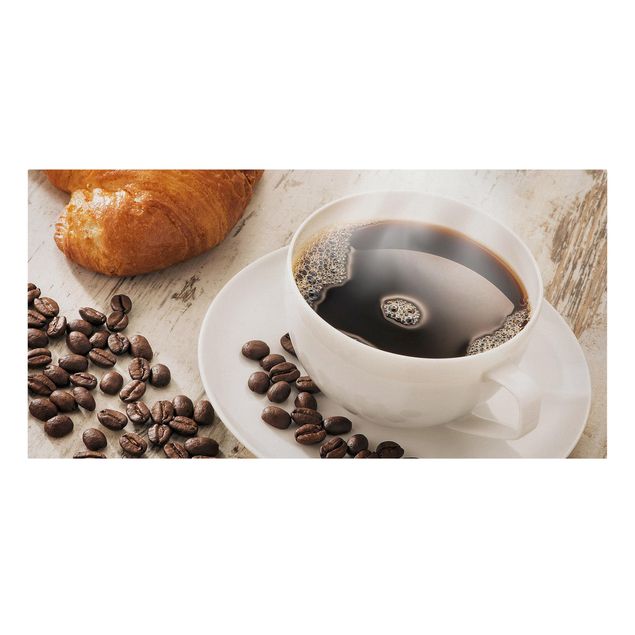 Leinwandbild - Dampfende Kaffeetasse mit Kaffeebohnen - Quer 2:1