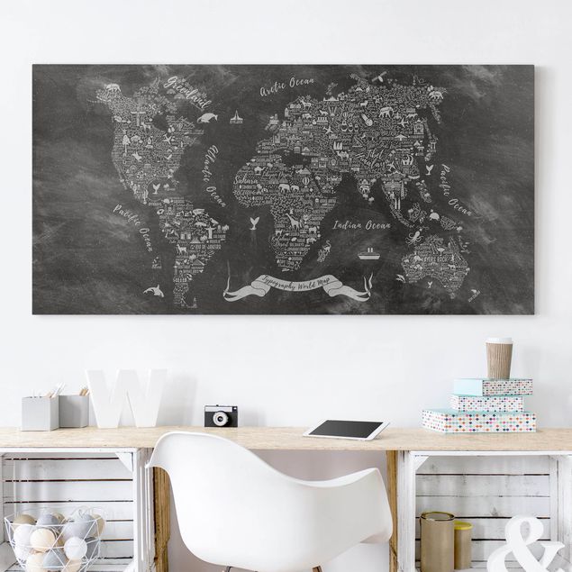 Leinwandbilder Schwarz-Weiß Kreide Typografie Weltkarte