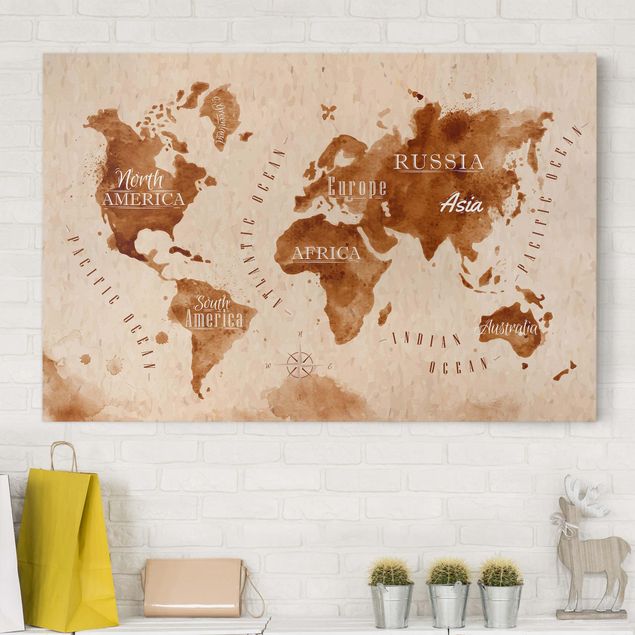 Wandbild Weltkarte Weltkarte Aquarell beige braun