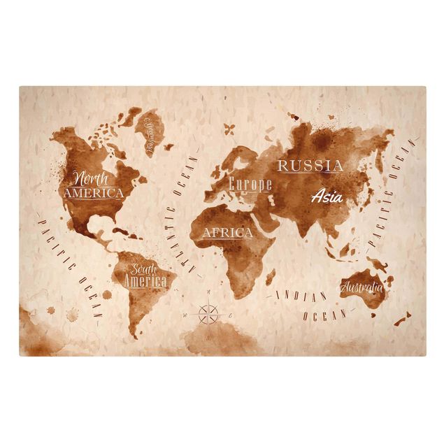 Bilder auf Leinwand Weltkarte Aquarell beige braun