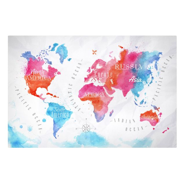 Schöne Leinwandbilder Weltkarte Aquarell rot blau