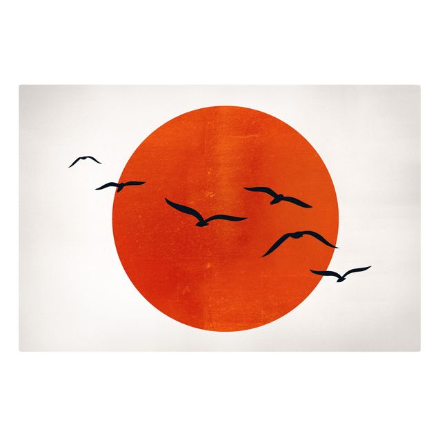 Wandbilder Natur Vogelschwarm vor roter Sonne I