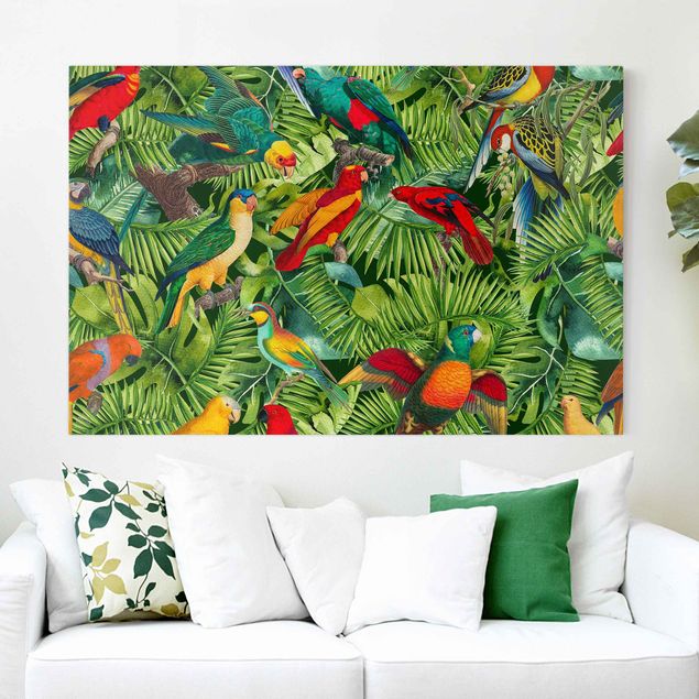 Leinwand Bilder XXL Bunte Collage - Papageien im Dschungel