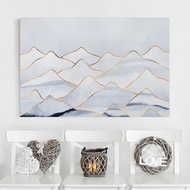 Moderne Leinwandbilder Wohnzimmer Aquarell Berge Weiß Gold