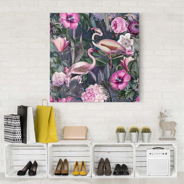 Leinwandbilder Vögel Bunte Collage - Pinke Flamingos im Dschungel