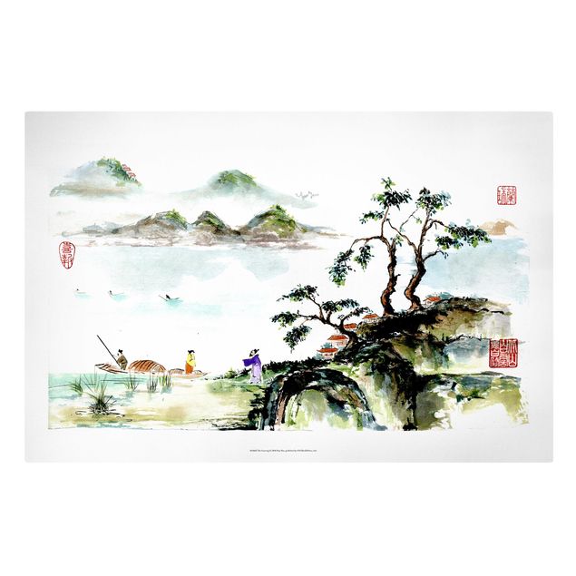 Leinwandbild Vintage Japanische Aquarell Zeichnung See und Berge