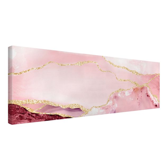 Leinwandbild Kunstdruck Abstrakte Berge Rosa mit Goldenen Linien