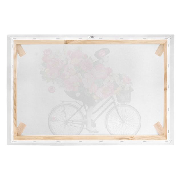 Leinwandbilder Illustration Frau auf Fahrrad Collage bunte Blumen