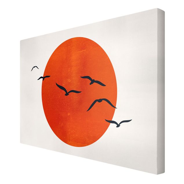Kunstdrucke auf Leinwand Vogelschwarm vor roter Sonne I