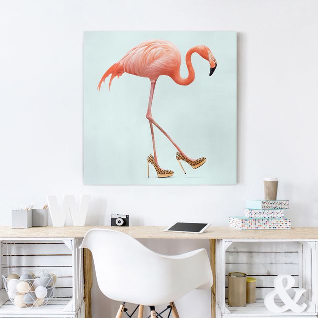 Leinwand Vogel Flamingo mit High Heels