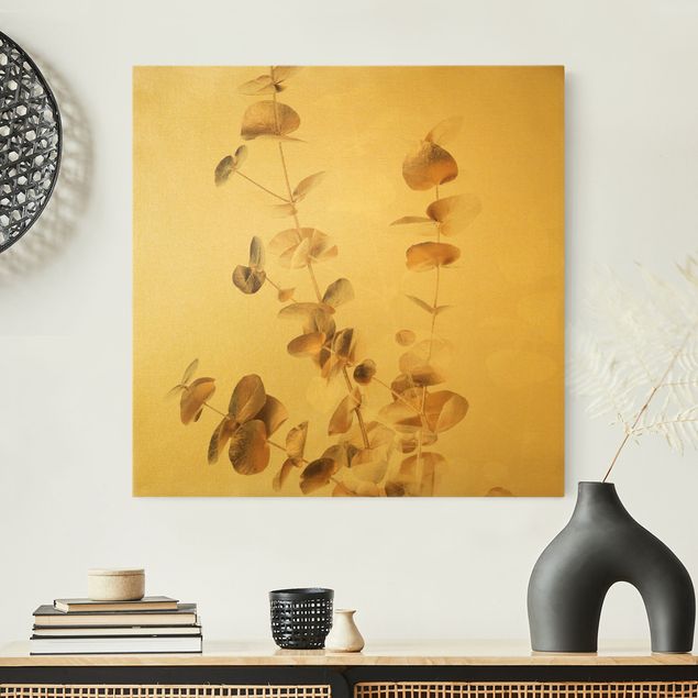 Wandbilder Goldene Eukalyptuszweige mit Weiß
