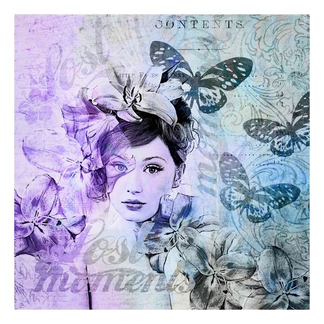 Wandbilder Vintage Shabby Chic Collage - Portrait mit Schmetterlingen