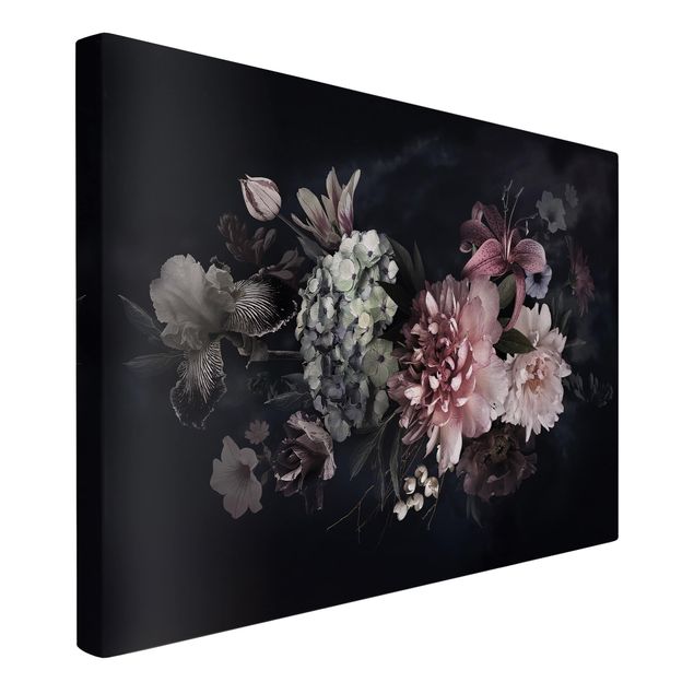 Leinwandbild Kunstdruck Blumen mit Nebel auf Schwarz