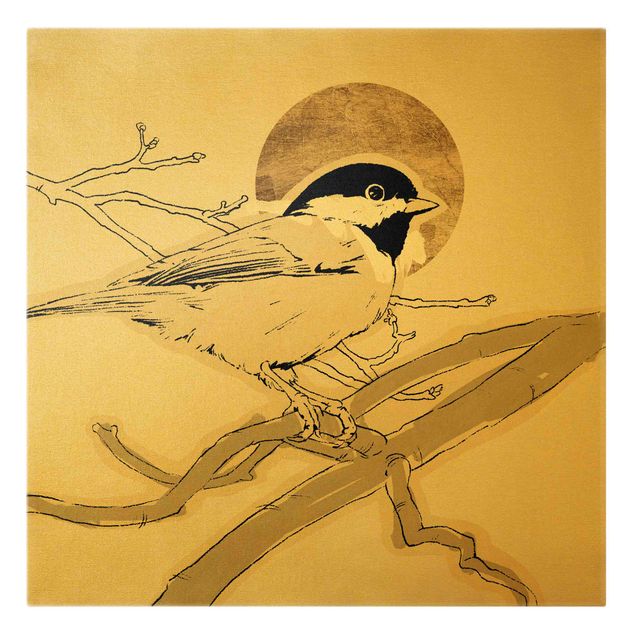 Wandbilder Vintage Vogel vor goldener Sonne I