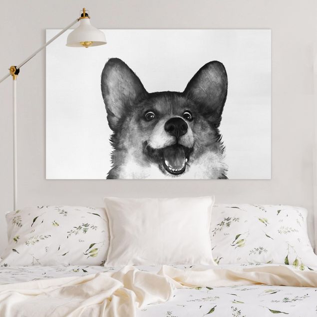 Moderne Leinwandbilder Wohnzimmer Illustration Hund Corgi Weiß Schwarz Malerei