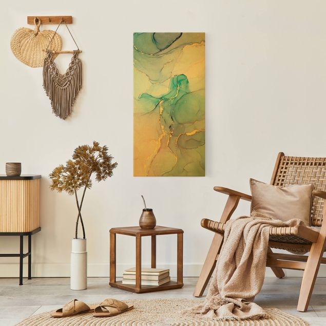 Leinwandbilder Wohnzimmer modern Aquarell Pastell Türkis mit Gold