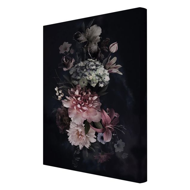 Schöne Wandbilder Blumen mit Nebel auf Schwarz