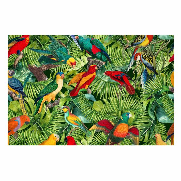 Leinwandbild Kunstdruck Bunte Collage - Papageien im Dschungel
