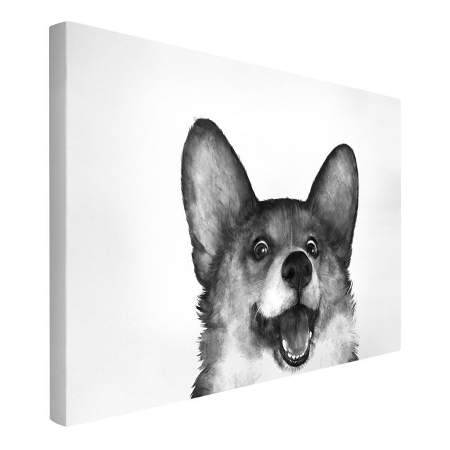 Wandbilder Tiere Illustration Hund Corgi Weiß Schwarz Malerei
