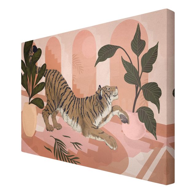 Leinwandbilder Wohnzimmer modern Illustration Tiger in Pastell Rosa Malerei