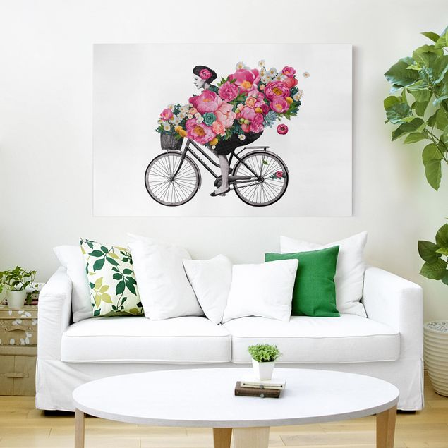 Wandbilder XXL Illustration Frau auf Fahrrad Collage bunte Blumen