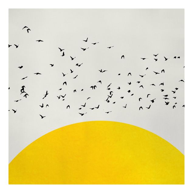 Leinwandbilder Natur Vogelschwarm vor gelber Sonne