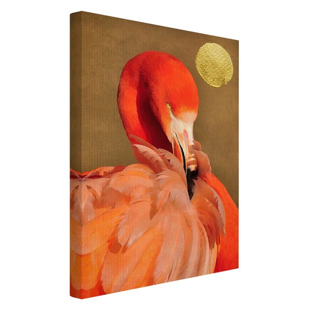 Leinwandbild Kunstdruck Goldener Mond mit Flamingo