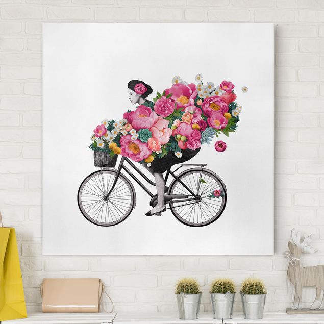 Leinwand Bilder XXL Illustration Frau auf Fahrrad Collage bunte Blumen