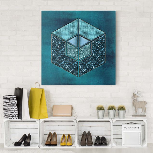 Leinwand Kunstdruck Blaues Hexagon mit Goldkontur