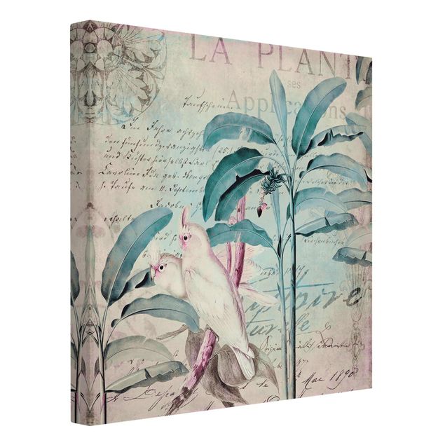 Leinwand Blumen Colonial Style Collage - Kakadus und Palmen